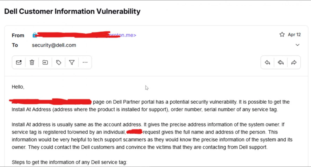 Dell Data Breach Customer Records: Email to Dell from Menelik 